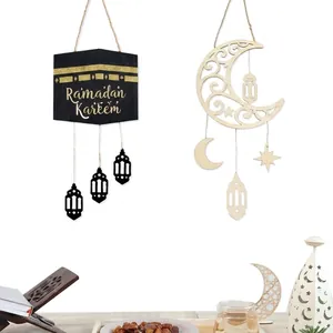 Cartello Sospeso in Legno Ramadan Eid Luna Stella Targa da Parete Islamica Moschea Lanterna Appendiporta per Decorazione Domestica Festival Musulmano