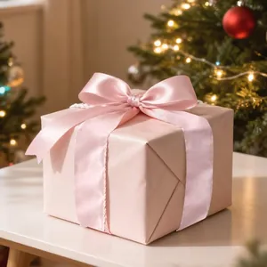 Elegant pink satin ribbon bow on a gift box for Christmas and festive party decoration