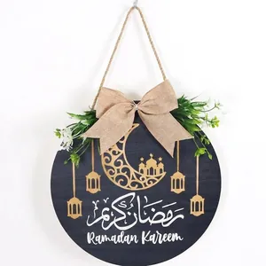 Decorative round wooden Ramadan door hanging sign with moon design and jute bow