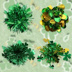 Detailed view of St. Patrick's Day hair clips with green tinsel and shamrocks