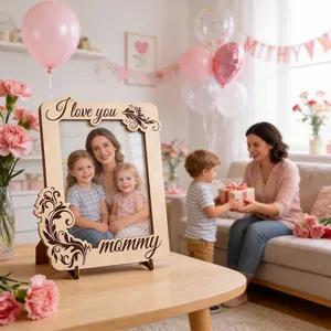Wooden Mother's Day photo frame with 'I love you mommy' laser engraving for home decor
