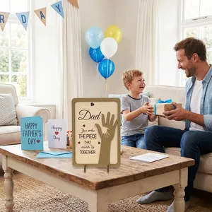 Father's Day wooden plaque gift with hand-carved puzzle design on a table