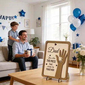 Father's Day wooden plaque decoration with 3D hands cutout shown in a warm home setting