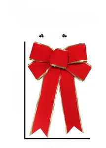 Large red velvet Christmas bow with gold trim for festive decoration, 25cm height
