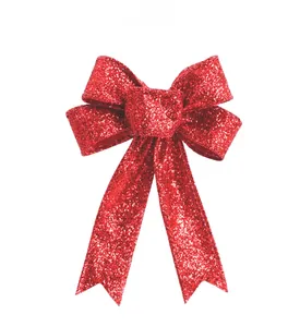 Vista detallada de un lazo de Navidad con purpurina roja de 23 cm para decoraciones festivas