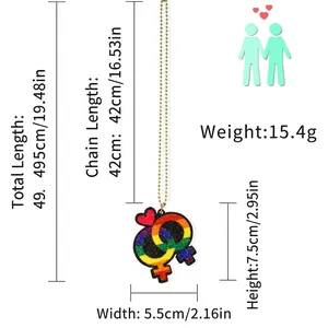 Collana Pride arcobaleno con simboli femminili intrecciati e dimensioni del prodotto