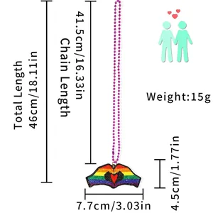 Detailed measurements of rainbow heart pendant necklace with purple beads