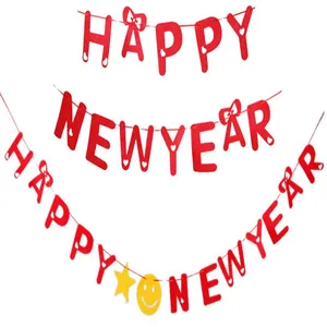Festive red non-woven Happy New Year garland banner with yellow star and smiley face