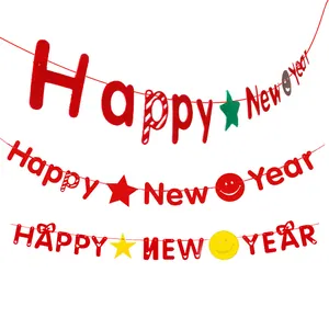 Three styles of Happy New Year non-woven felt banners with stars and smiley icons