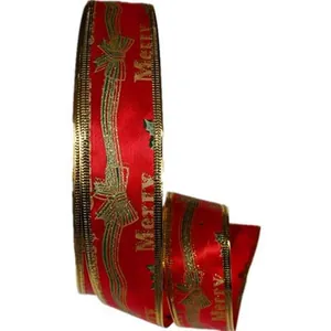 Merry Christmas Printed Grosgrain Satin Ribbon For Christmas Tree Decorations Holiday Gift Wrapping DIY Craft Festive Red Gold Design