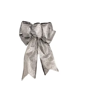 Elegant silver glitter Christmas bow ornament for holiday tree decoration, 20cm size.