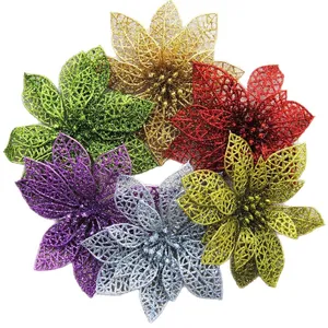 Set of 14cm glitter artificial poinsettia flowers for Christmas tree home decoration