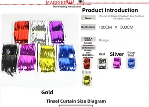 Product specification sheet for 1x3m foil fringe curtains in various metallic colors