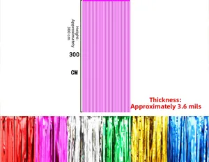 Detail showing 300cm height and various color options for foil fringe curtains.
