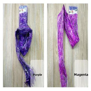 Detailed view of purple and rose red metallic foil fringe curtains for parties