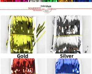 Macro detail of metallic foil fringe curtains available in gold, silver, red, and blue