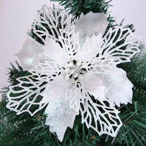 Elegant white glitter hollow artificial Poinsettia flower for Christmas tree decoration