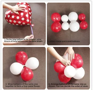 Step-by-step tutorial for DIY red and white balloon flower arrangement for parties