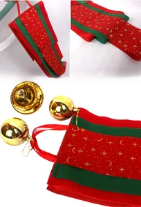 Detail showing the red and green flocking fabric of Christmas flags with star patterns.