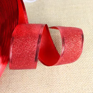 Premium 3.8cm red glitter Christmas ribbon with metallic edges for festive decor