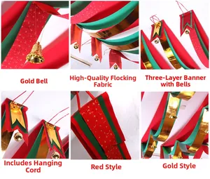 Detail views of Christmas ribbon flags showing golden bells and velvet fabric texture.