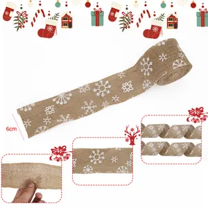 6cm breites natürliches Jute-Weihnachtsband mit weißem Schneeflockendruck für Dekoration
