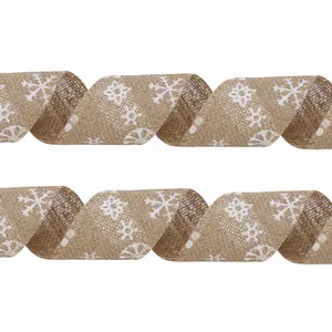 Weihnachtsband aus natürlichem Sackleinen mit weißem Schneeflockendruck, 6 cm breit