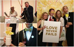 Lifestyle collage of people celebrating with party props and festive decorations