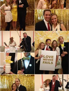 Close-up collage showing gold tinsel fringe curtain at a festive wedding party event