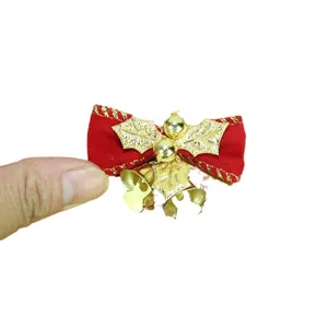 Mini red velvet Christmas bow decoration with gold bells and holly leaves for wreath bouquet
