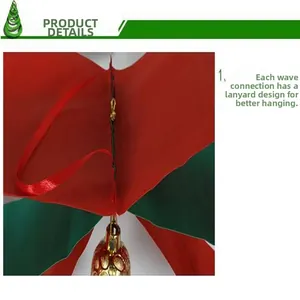 Detail view of red and green Christmas wavy flag with gold bell and hanging lanyard