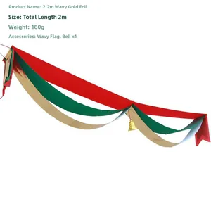 Festive red and green wavy Christmas banner with golden bell decoration for ceiling