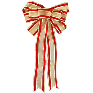 Large Christmas Bow Decoration Gold Red Striped Cloth Ribbon Bowknot For Christmas Tree Top Garland Home Festive Party Ornament