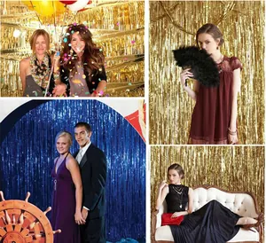 Shimmering gold and blue party tinsel curtains used as festive photo booth backdrops