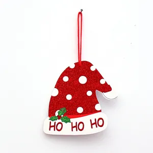 Red glitter Santa hat hanging ornament with polka dots and HO HO HO text decoration