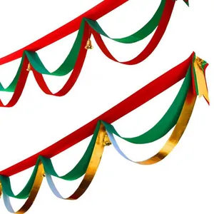 Christmas Wave Garland Banner Red Green Gold Satin Ribbon Ceiling Decoration With Bells Festive Party Decor For Hotel Mall