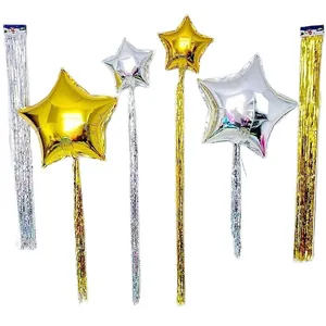 Gold and silver star balloon wands with 1m rain silk tassels for festive party background decorations
