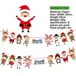 Creative paper Christmas banner featuring cartoon characters with dimensions and specifications.