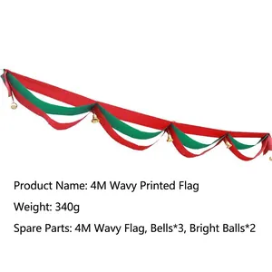 Christmas red and green wavy ribbon garland with bells for party ceiling decoration