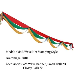 4m Christmas wave banner in red green gold with bells for party ceiling decoration
