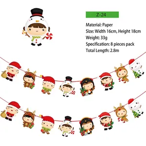 Christmas paper banner garland with cartoon Santa and reindeer characters for party decor