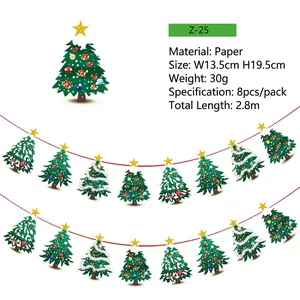 Macro detail of cartoon Christmas tree paper garland with specific dimensions and specs.