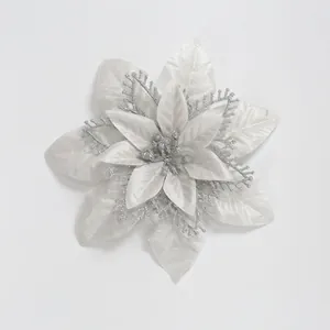Elegant sparkling silver glitter artificial poinsettia flower for Christmas tree decor