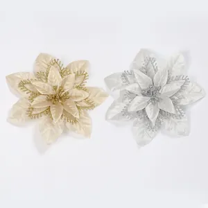 Set of two glitter artificial poinsettia flowers in gold and silver for Christmas decor