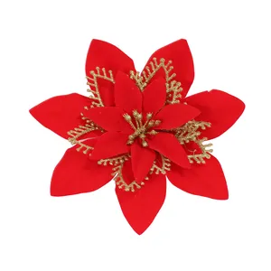 Artificial red Poinsettia flower with gold glitter for Christmas tree decoration