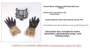 Detailed view of Halloween werewolf mask and claw gloves set with fur trim