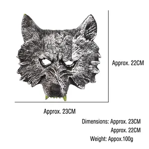 Gedetailleerd beeld van eng wolfmasker met afmetingen 23x22cm en 100g productgewicht info