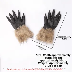 Detailed view of scary Halloween werewolf claw gloves with dimensions and faux fur trim