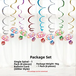 Set of 8 colorful spiral streamers with glittery balloon and gift box cards