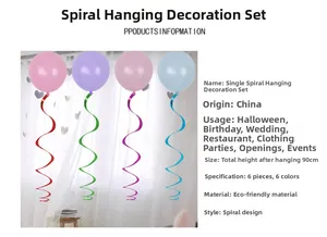 Colorful spiral party hanging decorations with balloons and product specifications